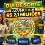 Infográfico dinâmico do resultado do Dia de Sorte concurso 1229 com o prêmio acumulado em R$ 2,1 milhões, exibindo os números sorteados e o Mês da Sorte Outubro no portal CenárioMT.