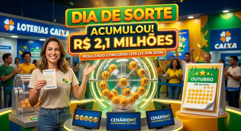Infográfico dinâmico do resultado do Dia de Sorte concurso 1229 com o prêmio acumulado em R$ 2,1 milhões, exibindo os números sorteados e o Mês da Sorte Outubro no portal CenárioMT.