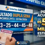 Painel digital exibindo o resultado da Dupla Sena concurso 2973 com os números 06, 23, 25, 44, 45, 48 e o prêmio acumulado em R$ 5,10 milhões, em frente a uma agência das Loterias Caixa.