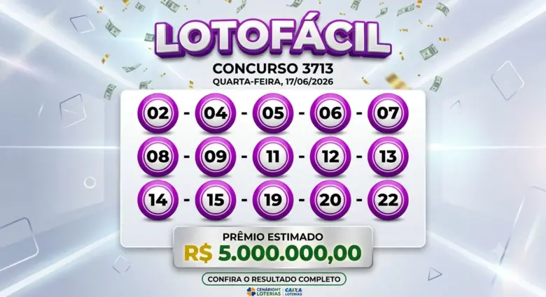 Painel de resultados da Lotofácil concurso 3713, exibindo as 15 dezenas sorteadas em bolinhas roxas e o prêmio estimado de R$ 5.000.000,00 sobre um fundo digital com dinheiro confetti.