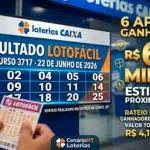 Painel digital com o resultado da Lotofácil concurso 3717 exibindo as 15 dezenas sorteadas e o destaque para as 6 apostas ganhadoras que receberam R$ 696 mil cada.
