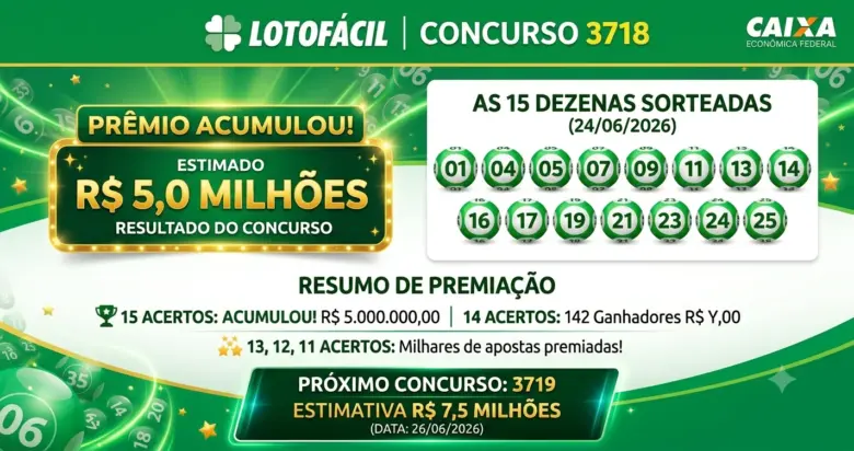 Infográfico horizontal da Lotofácil concurso 3718 mostrando o prêmio estimado de R$ 5,0 milhões e os números sorteados de forma simples e limpa.