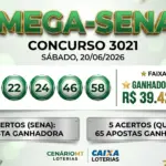 Painel do resultado da Mega-Sena concurso 3021, exibindo as 6 dezenas sorteadas em bolinhas verdes (16, 19, 22, 24, 46, 58), com destaque para o ganhador único de R$ 39.427.096,38.