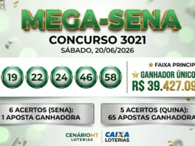 Painel do resultado da Mega-Sena concurso 3021, exibindo as 6 dezenas sorteadas em bolinhas verdes (16, 19, 22, 24, 46, 58), com destaque para o ganhador único de R$ 39.427.096,38.