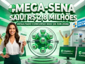 Infográfico ilustrativo do resultado da Mega-Sena concurso 3022 com prêmio de R$ 2,8 milhões para aposta única, exibindo as dezenas sorteadas no portal CenárioMT.