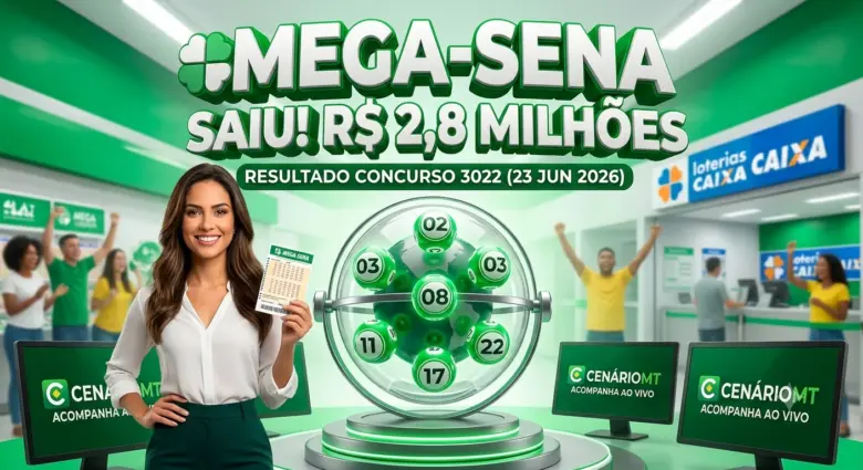 Infográfico ilustrativo do resultado da Mega-Sena concurso 3022 com prêmio de R$ 2,8 milhões para aposta única, exibindo as dezenas sorteadas no portal CenárioMT.