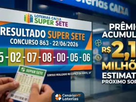 Painel digital detalhando o resultado da Super Sete concurso 863 com os números por coluna 05, 02, 07, 08, 00, 05, 06 e prêmio acumulado de R$ 2,10 milhões, com fundo de uma lotérica da Caixa.
