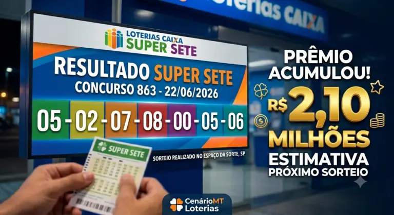 Painel digital detalhando o resultado da Super Sete concurso 863 com os números por coluna 05, 02, 07, 08, 00, 05, 06 e prêmio acumulado de R$ 2,10 milhões, com fundo de uma lotérica da Caixa.