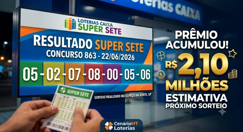 Painel digital detalhando o resultado da Super Sete concurso 863 com os números por coluna 05, 02, 07, 08, 00, 05, 06 e prêmio acumulado de R$ 2,10 milhões, com fundo de uma lotérica da Caixa.