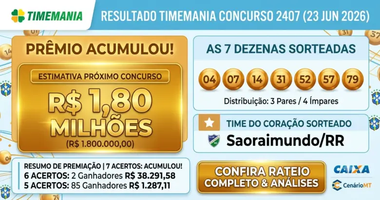 Infográfico horizontal da Timemania concurso 2407 mostrando o prêmio estimado de R$ 1,8 milhão acumulado, as dezenas sorteadas e o Time do Coração São Raimundo de Roraima no portal CenárioMT.