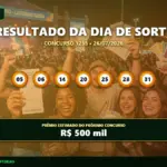 Resultado do concurso 1255 do Dia de Sorte com os números 05, 06, 14, 20, 25, 28 e 31 em bolhas amarelas.