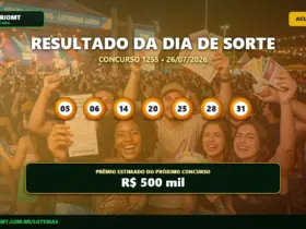 Resultado do concurso 1255 do Dia de Sorte com os números 05, 06, 14, 20, 25, 28 e 31 em bolhas amarelas.