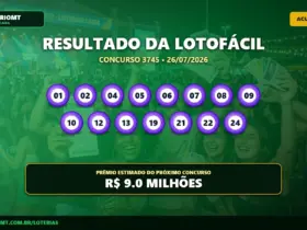 Resultado da Lotofácil concurso 3745 exibindo os 15 números sorteados em bolhas roxas.