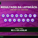 Resultado do concurso 3747 da lotofácil com fundo roxo