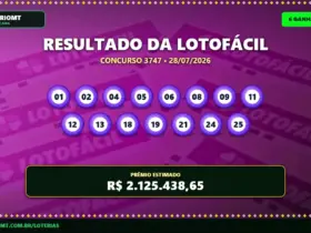 Resultado do concurso 3747 da lotofácil com fundo roxo