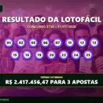 Resultado oficial da Lotofácil concurso 3750 com os números sorteados e premiação para três apostas.