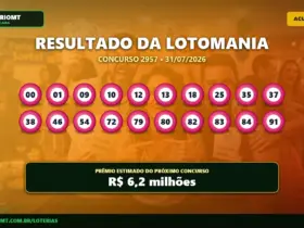 Resultado da Lotomania concurso 2957 com as dezenas sorteadas e prêmio acumulado de 6,2 milhões de reais.