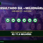 Resultado do concurso 375 da +Milionária com as dezenas sorteadas 02, 06, 15, 19, 25 e 29 em fundo roxo.