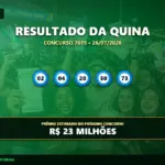 Resultado da Quina concurso 7075 com as dezenas sorteadas 02, 04, 20, 50 e 73 em fundo verde.