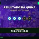 Resultado da Quina 7078 mostrando três dos 5 números do sorteio