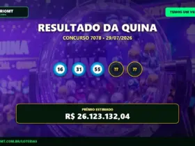 Resultado da Quina 7078 mostrando três dos 5 números do sorteio