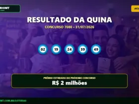 Resultado da Quina concurso 7080 com os cinco números sorteados e prêmio acumulado de 2 milhões de reais.