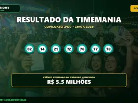 Resultado do concurso 2420 da Timemania mostrando as dezenas 02, 14, 21, 72, 76, 77 e 78.