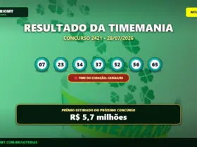 Resultado da Timemania 2421, mostrando os números sorteados e o time do coração