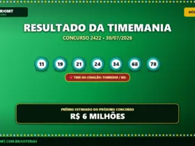 Resultado da Timemania 2422, com os números e time do coração