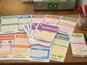 Volantes de apostas das loterias da Caixa organizados sobre uma mesa