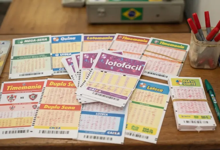 Volantes de apostas das loterias da Caixa organizados sobre uma mesa