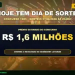 Card com aviso de sorteio do Dia de Sorte concurso 1283 com prêmio estimado de R$ 1,6 milhão em 27/08/2026 - CenárioMT