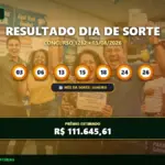 Resultado do Dia de Sorte concurso 1262 com os números sorteados e o mês de janeiro em 03/08/2026.