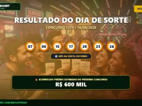 Imagem com o resultado do concurso 1273 do Dia de Sorte de 16/08/2026 exibindo as dezenas, o Mês da Sorte Outubro e o prêmio acumulado.
