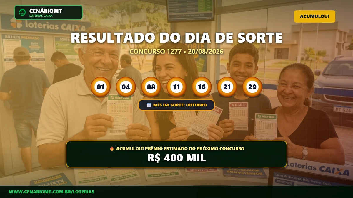 Dia de Sorte 1277: Prêmio acumula para R$ 400 mil; confira o resultado