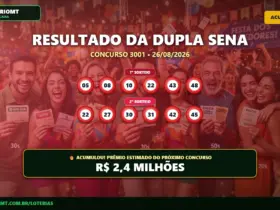 Resultado Dupla Sena 3001: Prêmio acumula e vai a R$ 2,4 milhões 24 Resultado da Dupla Sena concurso 3001 de 26/08/2026 acumulado, exibindo os núme