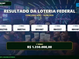 Imagem com o resultado da Loteria Federal concurso 6092 de 16/08/2026 mostrando os bilhetes premiados do 1º ao 5º prêmio.