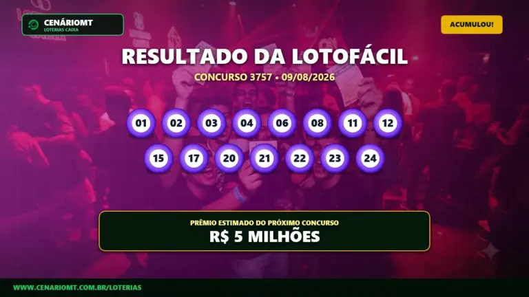 Resultado da Lotofácil 3757 sorteado em 09/08/2026