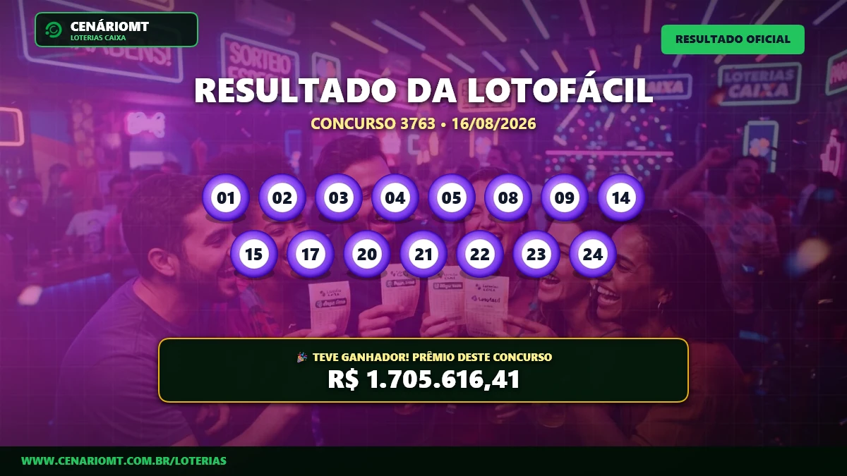 Resultado da Lotofácil Concurso 3763 de 16/08/2026: confira os números sorteados
