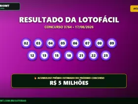 Banner com o resultado da Lotofácil 3764