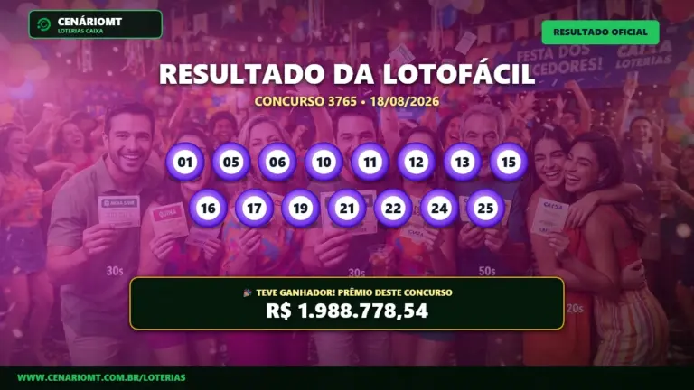 Banner com os dados da Lotofácil 3765