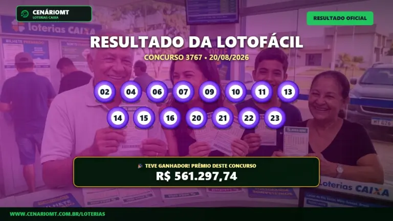 Banner com os dados do resultado da Lotofácil 3767