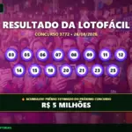 Resultado da Lotofácil concurso 3772 de 26/08/2026 acumulado, exibindo as 15 dezenas sorteadas e o prêmio estimado em R$ 5 milhões.