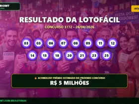 Resultado da Lotofácil concurso 3772 de 26/08/2026 acumulado, exibindo as 15 dezenas sorteadas e o prêmio estimado em R$ 5 milhões.