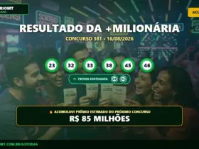 Resultado da Mais Milionária Concurso 381 de 16/08/2026: confira os números sorteados 27 Imagem do resultado da +Milionária concurso 381 de 16/08/2026 com as dezenas, os Trevos da Sorte e o prêmio acumulado em R$ 85 milhões.