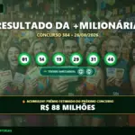 Resultado da Mais Milionária concurso 384 de 26/08/2026 acumulado, com os números sorteados, os trevos da sorte e prêmio de R$ 88 milhões.