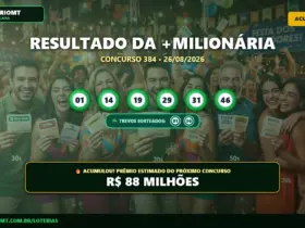 Resultado +Milionária 384: Prêmio acumula e vai a R$ 88 milhões 18 Resultado da Mais Milionária concurso 384 de 26/08/2026 acumulado, com os números sorteados, os trevos da sorte e prêmio de R$ 88 milhões.