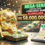 ilustração 3D moderna com volante da loteria em tons de verde, bolinhas numeradas brilhantes saindo de um globo dourado, fundo com confetes e luzes festivas