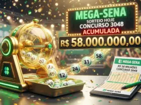 ilustração 3D moderna com volante da loteria em tons de verde, bolinhas numeradas brilhantes saindo de um globo dourado, fundo com confetes e luzes festivas
