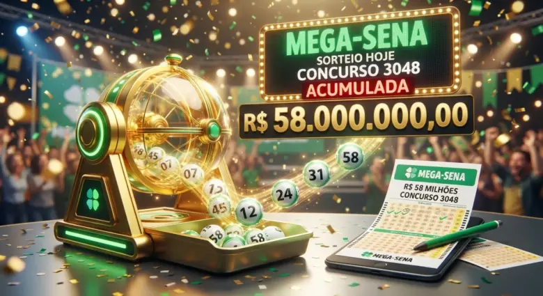 Resultado da Mega-Sena 3048: Confira as dezenas sorteadas 1 ilustração 3D moderna com volante da loteria em tons de verde, bolinhas numeradas brilhantes saindo de um globo dourado, fundo com confetes e luzes festivas